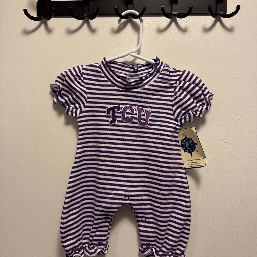 TCU Horned Frogs Baby Romper Purple Stripe Puff Sleeve 0-3 mo.